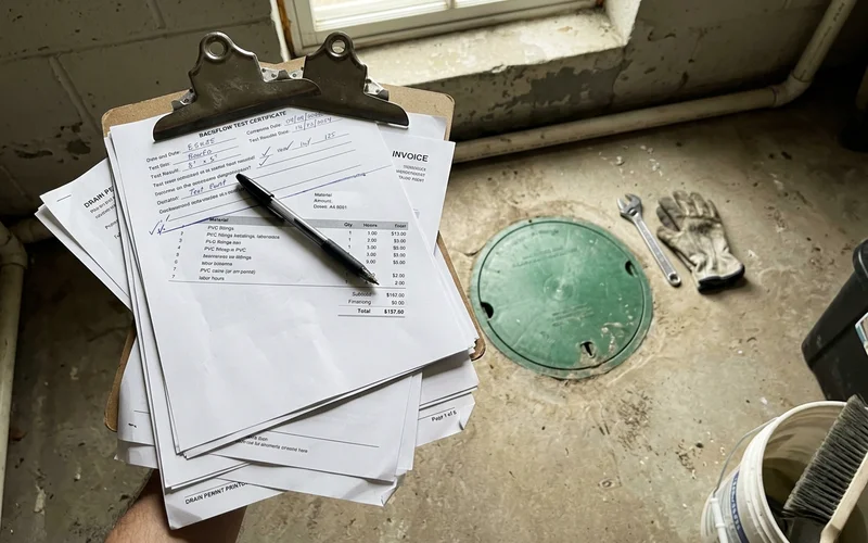 Itemized invoice, backflow test certificate and permit beside a new valve cover