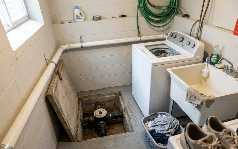 Mainline backwater valve in a laundry room access pit with sump discharge routed separately