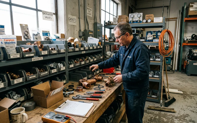 Workshop shelves stocked with backwater valves, gaskets and test equipment