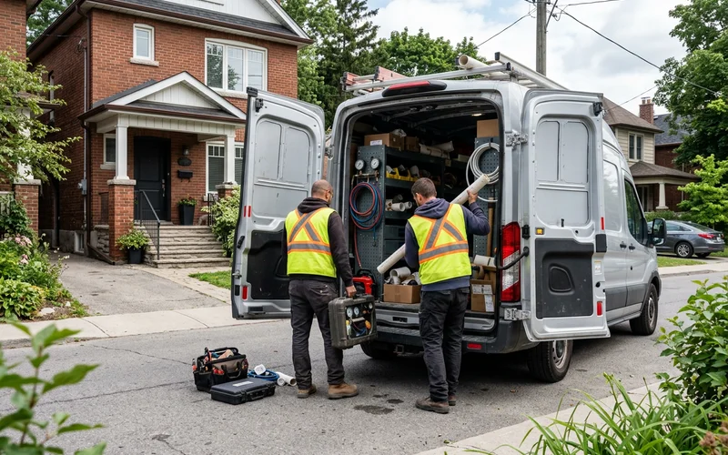 Crew truck stocked with valve parts parked in front of a Toronto home