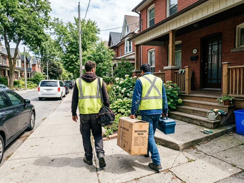 Two plumbers carrying a backwater valve and tools up the front walk of a Toronto home