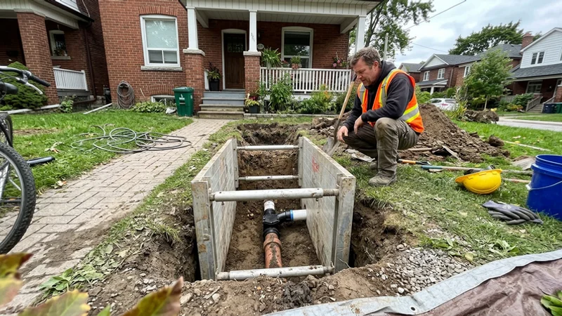 Exterior excavation at the property line with the sewer lateral exposed