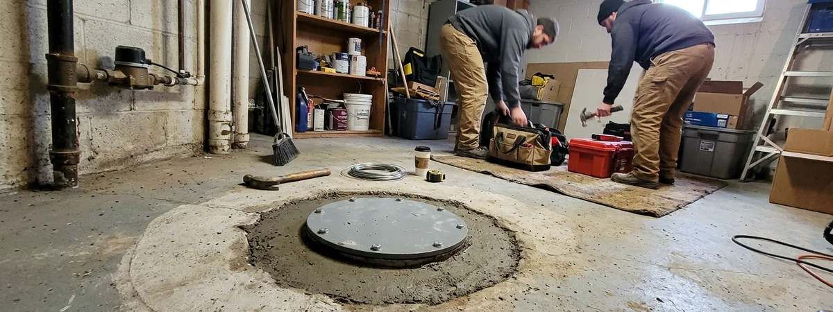 Finished backwater valve install with a flush inspection cover in a Toronto basement