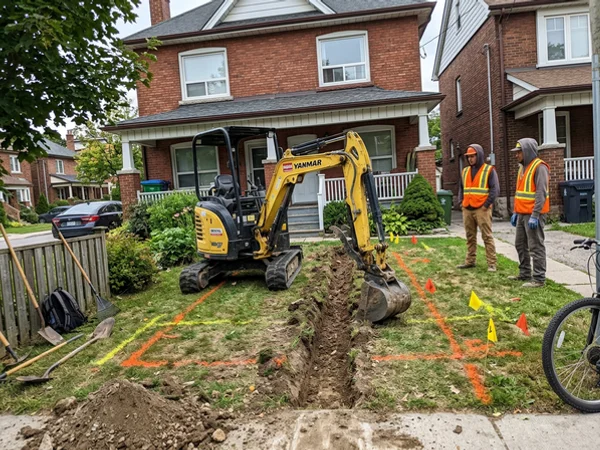 Mini excavator opening the trench beside locate marks