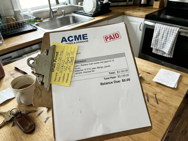 Paid, itemized zero-balance invoice with the drain permit
