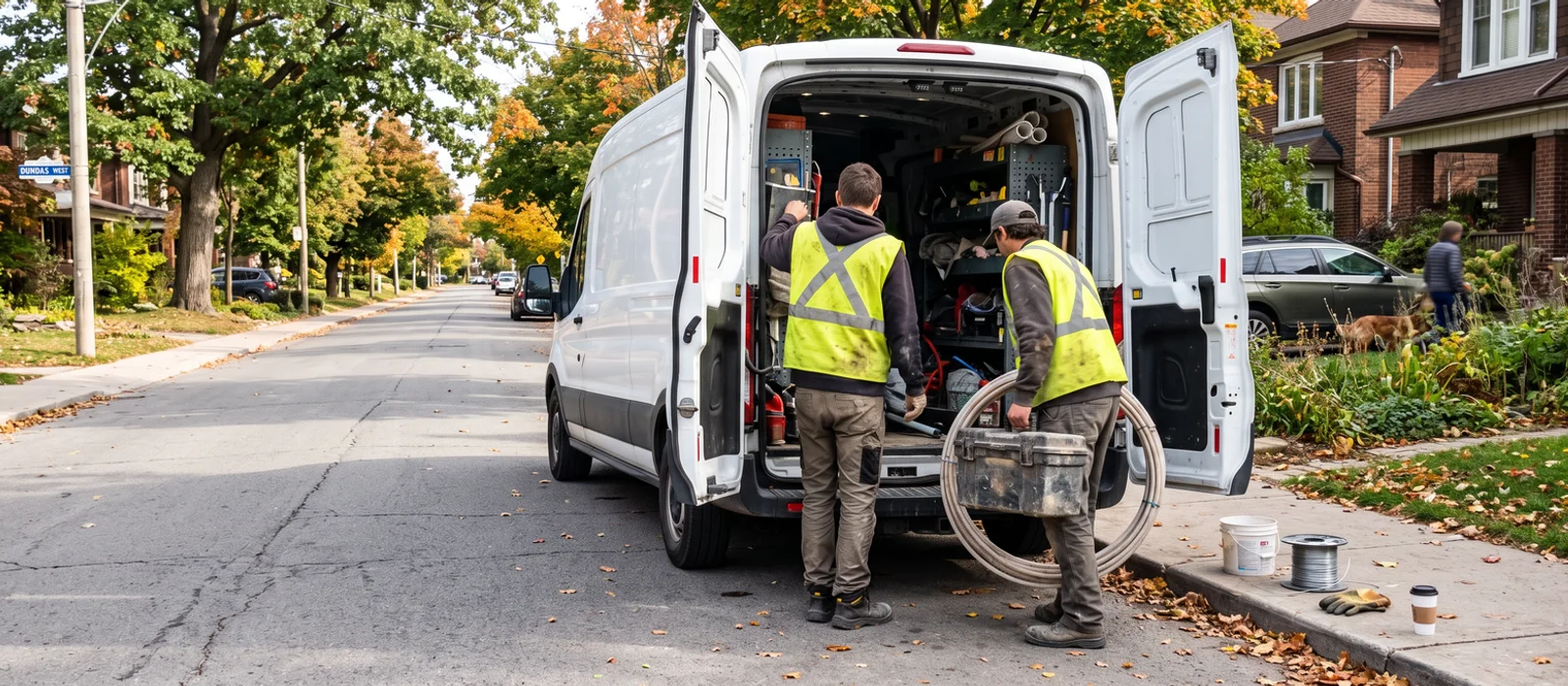 Plumbing crew unloading equipment on a Toronto residential street
