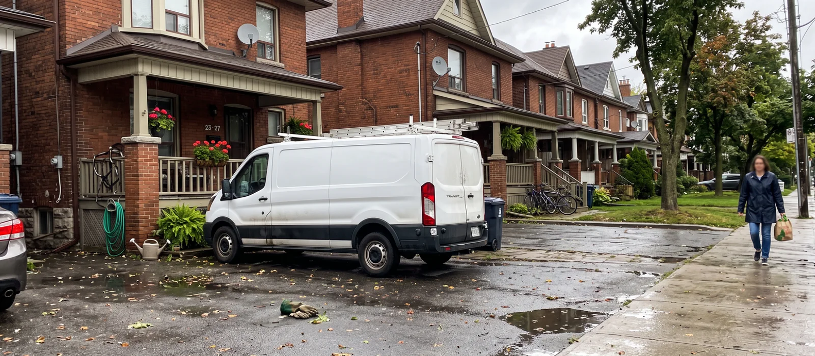 Toronto residential street after a rainstorm with a plumbing crew truck at the curb