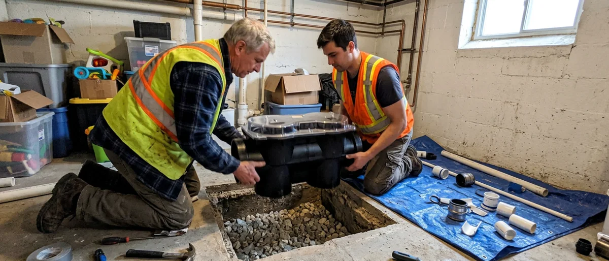 Two installers lowering a dual flapper backwater valve into a basement floor pit