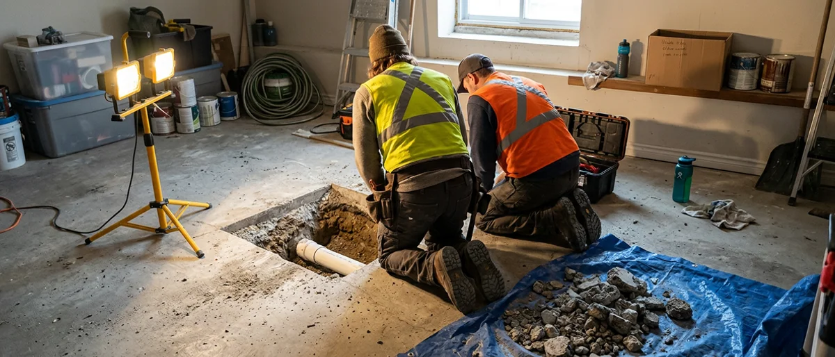 Two licensed plumbers beside a cut concrete pit in a Toronto basement with the sewer lateral exposed