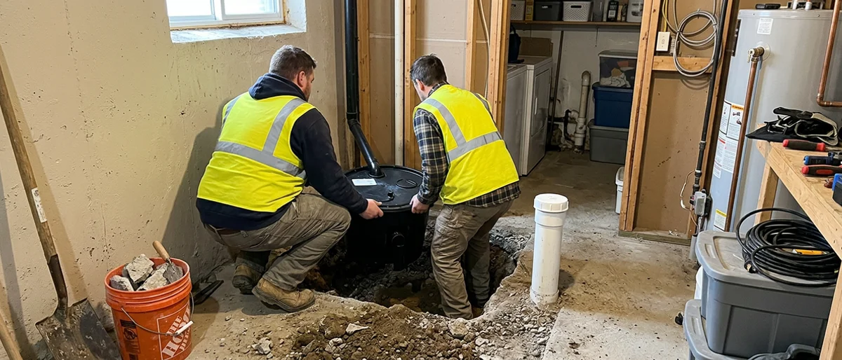 Two plumbers setting a sealed sump basin beside a new backwater valve in a Toronto basement
