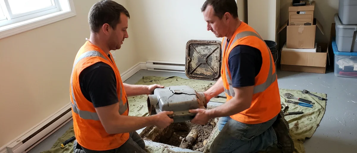 Two plumbers lifting an old cracked backwater valve out of an existing basement pit