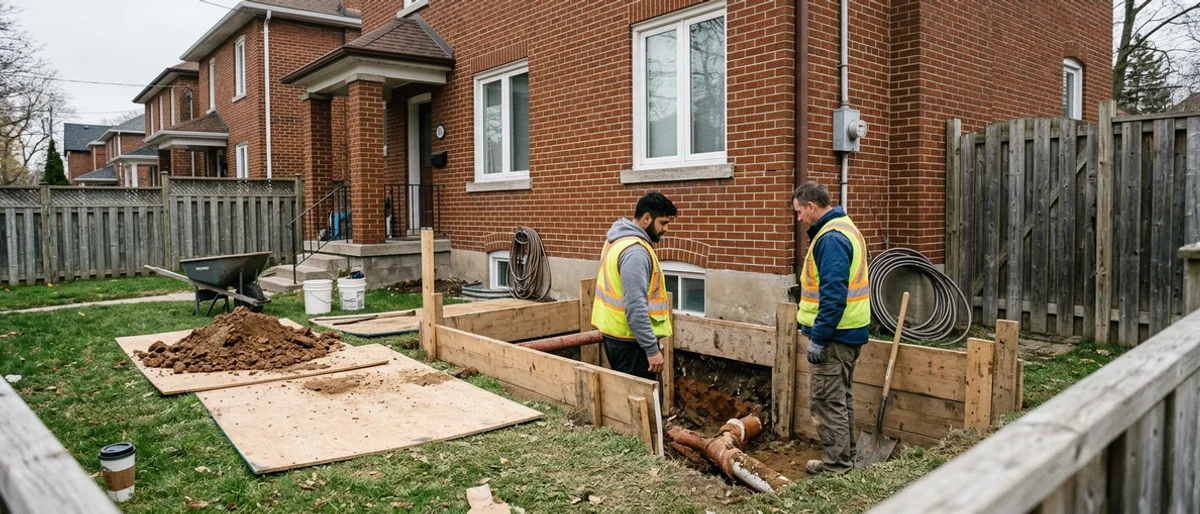 Two plumbers in a shored front-yard trench with the sewer lateral exposed near the property line